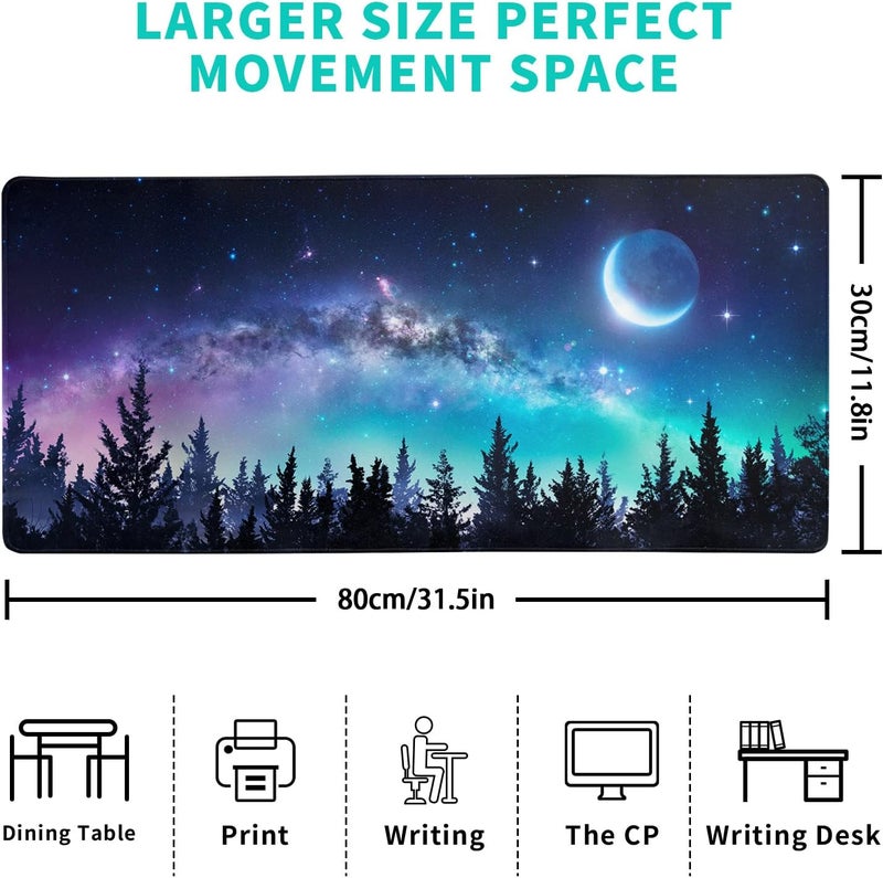 Brecoy Extended Gaming Mouse Pad, XL Large Keyboard Mouse Mat Desk Pad, Stitched Edges Mousepad, 3mm Thick Long Non-Slip Rubber Base Mice Pad, 31.5 X 11.8 Inch, Forest Moon Galaxy - Image 2
